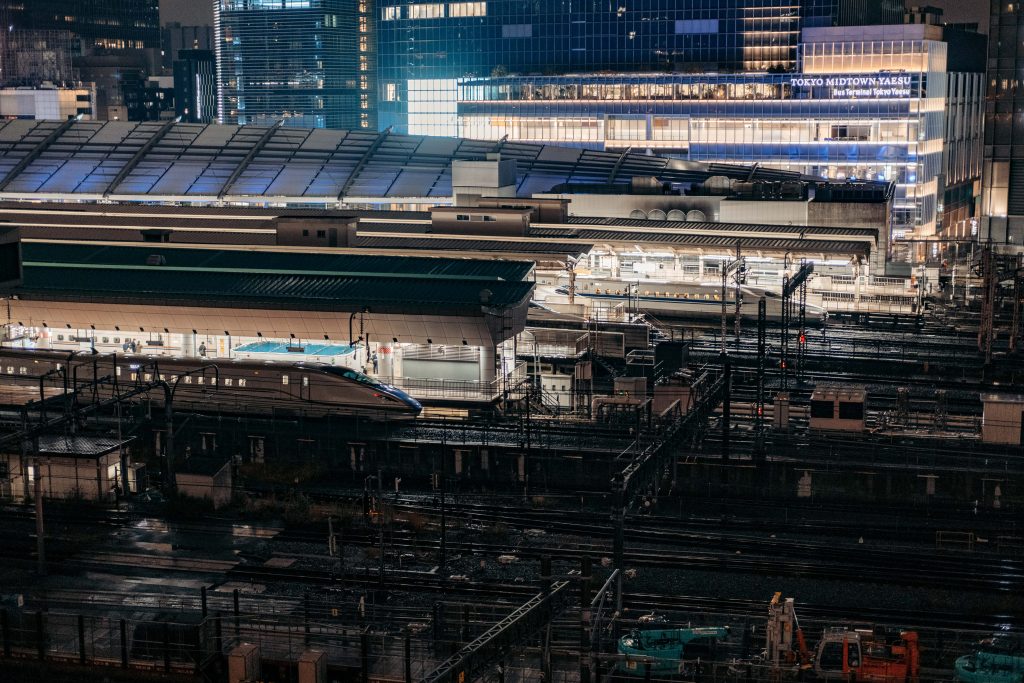 Shinkansen Tokyo bullet trains at the Tokyo train station from the Kitte building