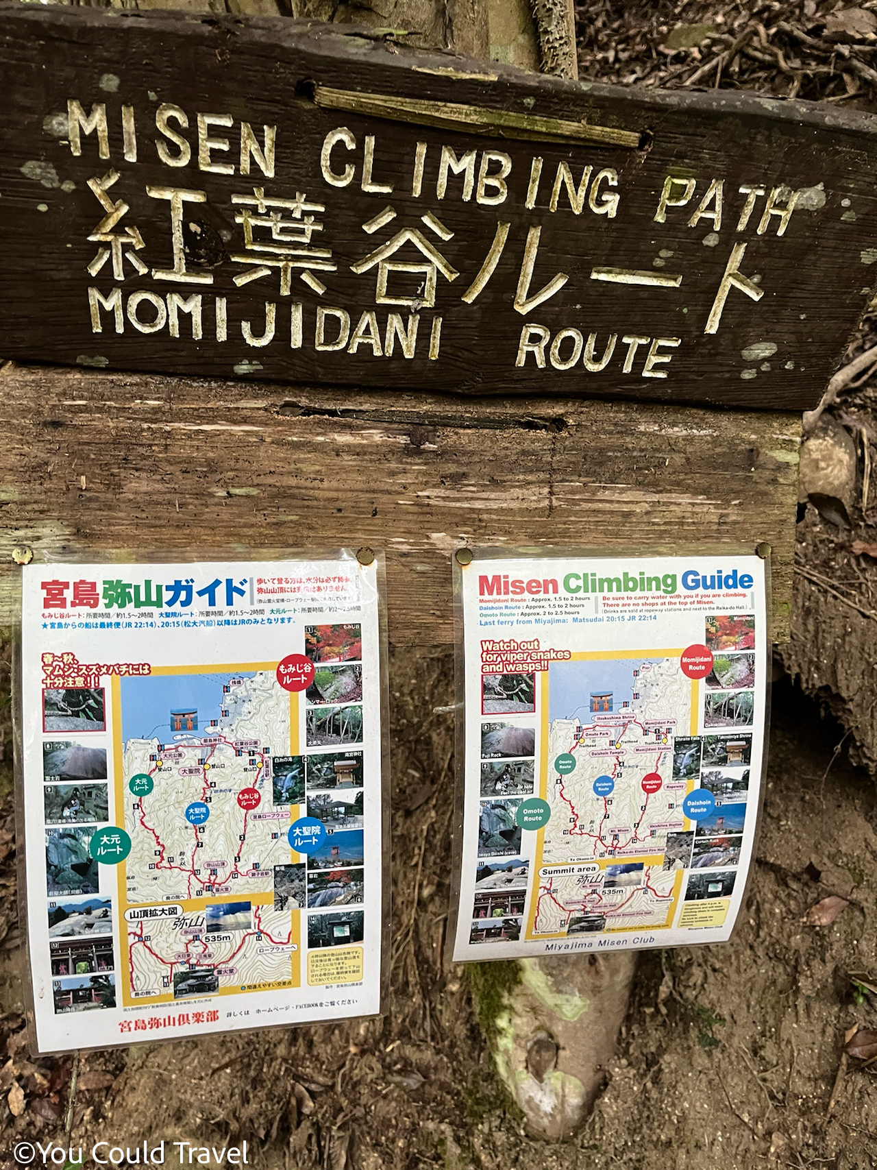 signs in english warning of vipers and wasps with explanation for each trail up Mount Misen