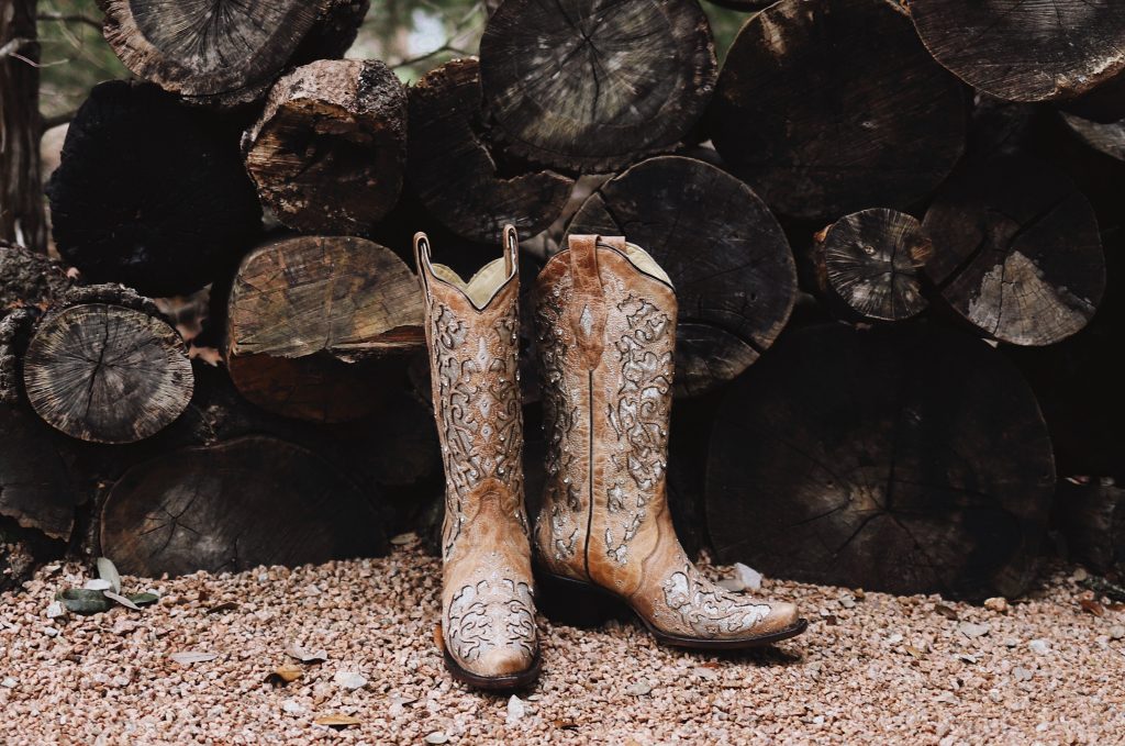 souvenirs from Texas cowboy boots with wooden background