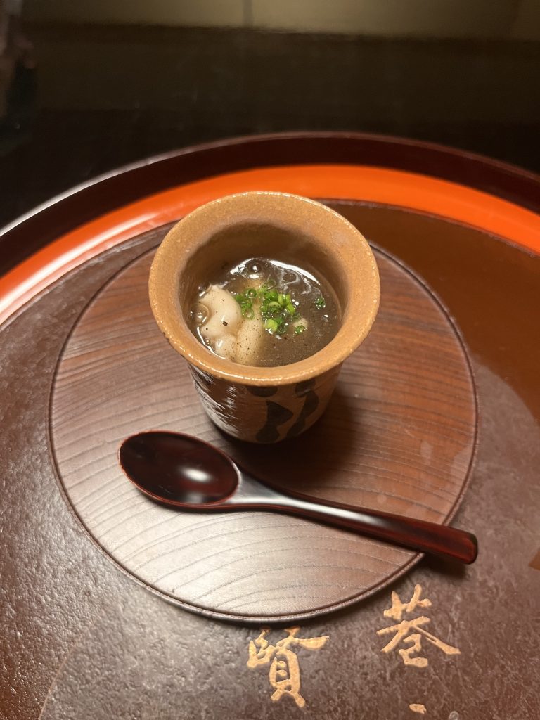 Steamed of cod milt, truffle sauce, chives at Kikunoi Honten