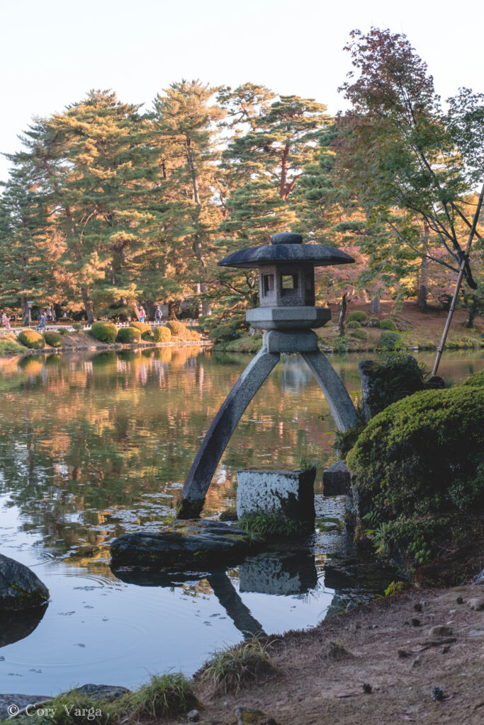 The stunning two legged stone lantern at Kenrokuen in Kanazawa