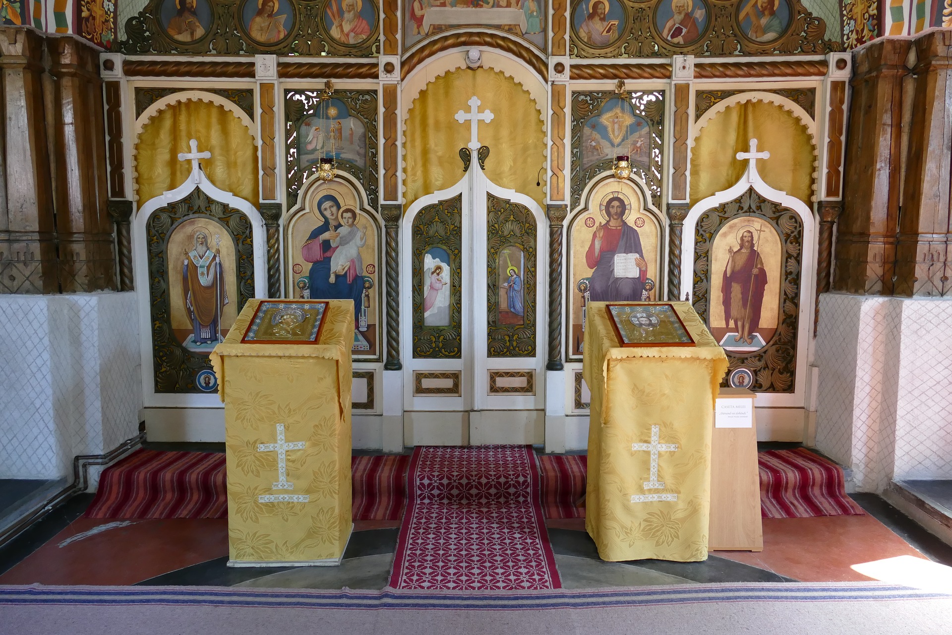 The interior of a Romanian church with painted religios icons similar to those you can buy as a gift