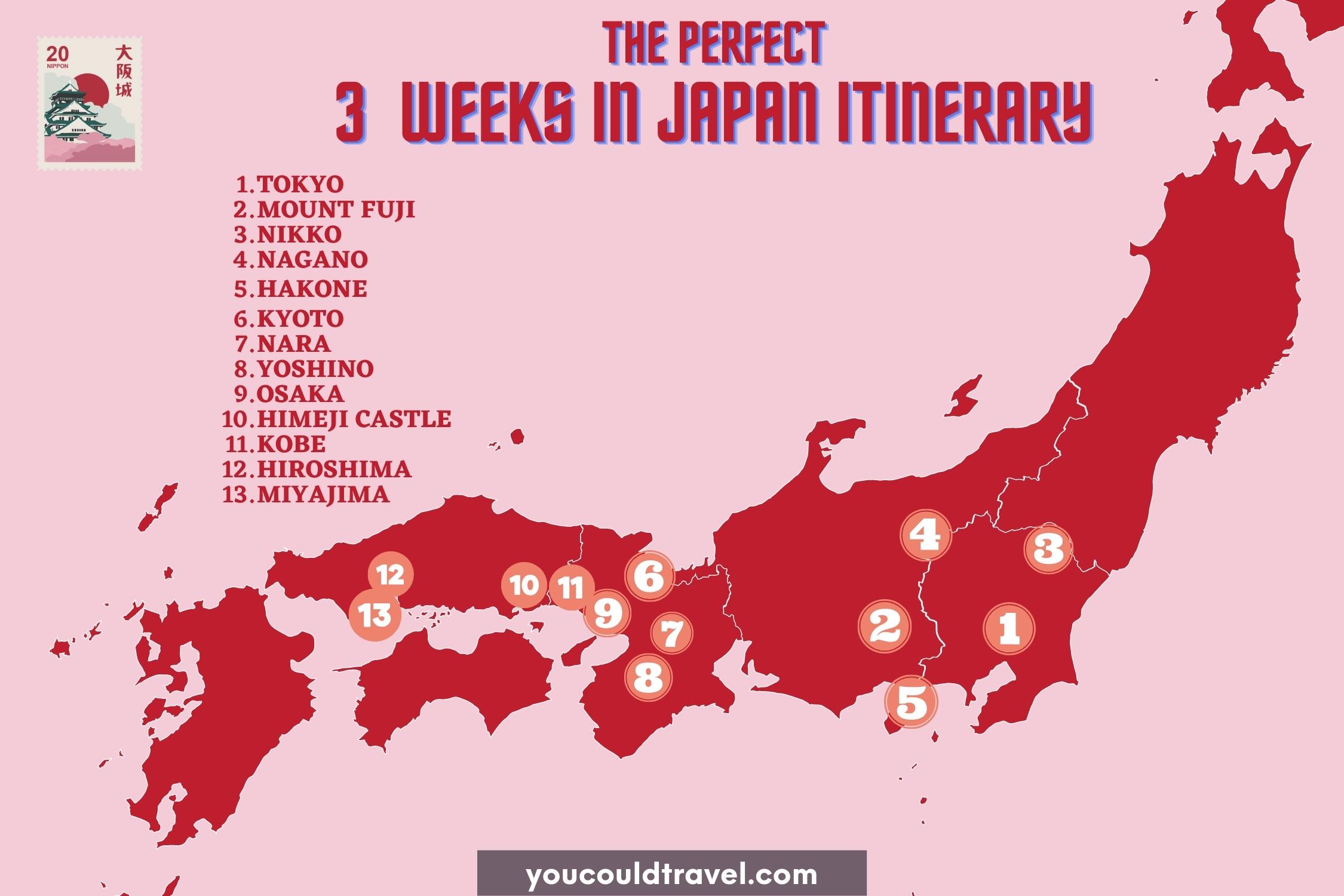 The perfect 3 weeks in Japan itinerary on a digital map