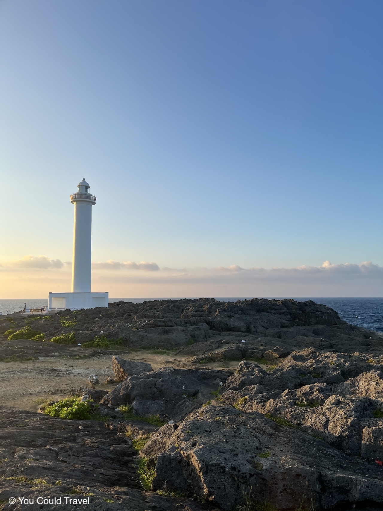 The tall white Cape Zanpa Lighthouse