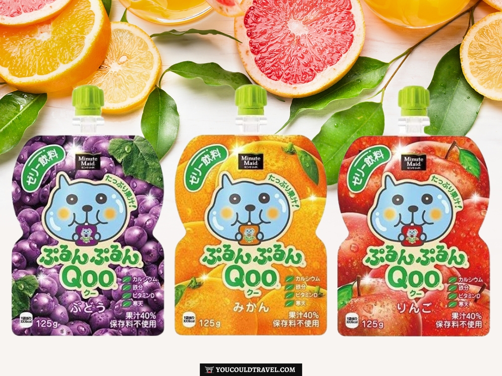 Three pouches of QOO drinks with different flavours