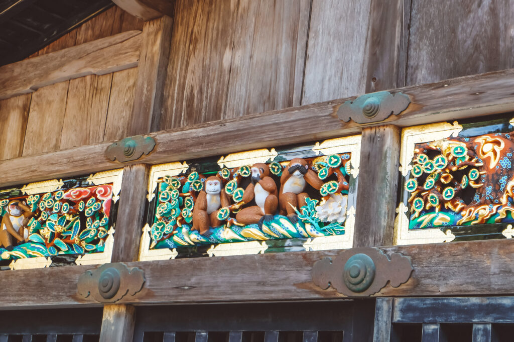 Three wise monkeys carvings at Tōshō-gū Shrine in Nikko