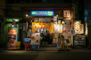 Tokyo electric town at night, shop entrance