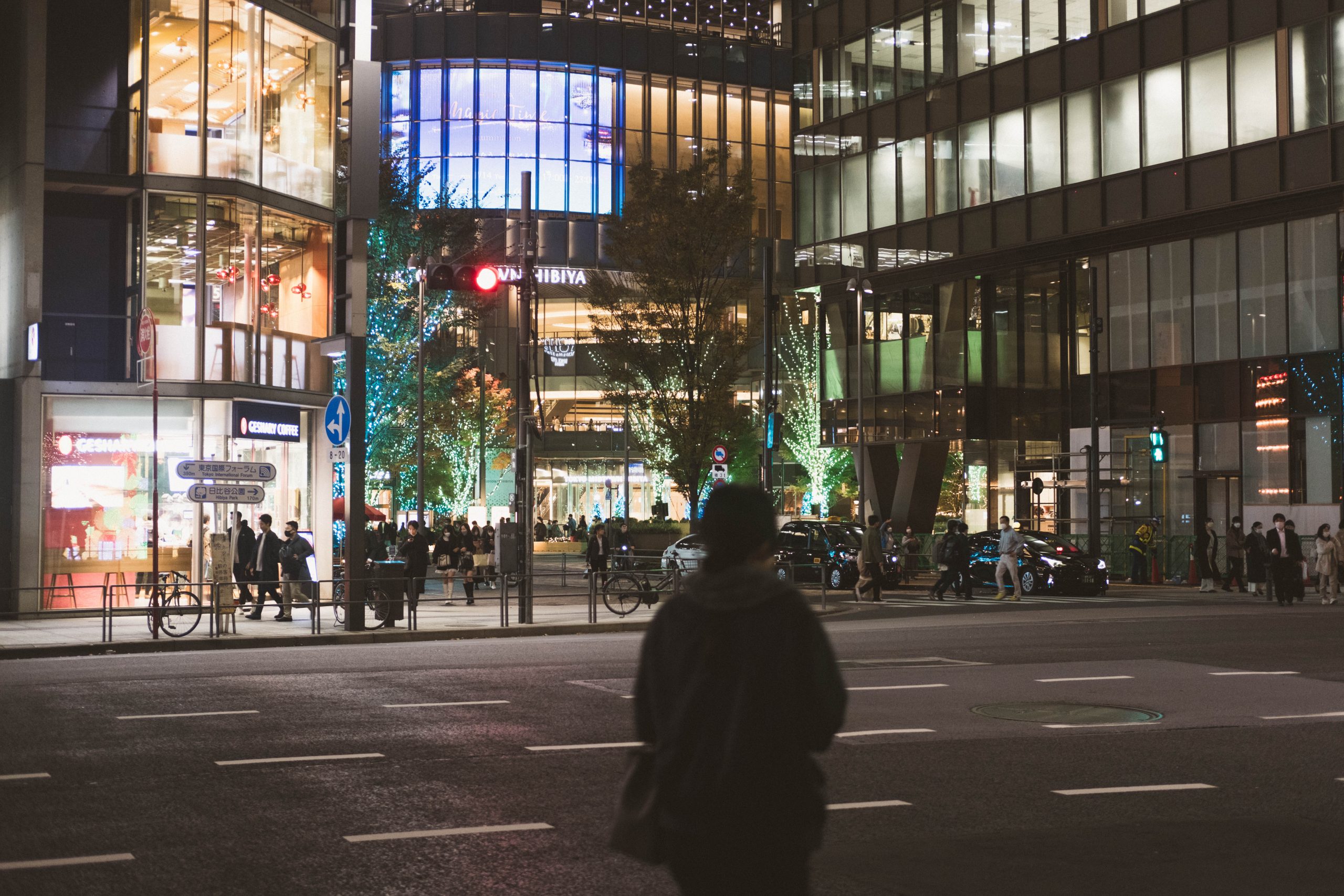 Tokyo local in front of an intersection at night