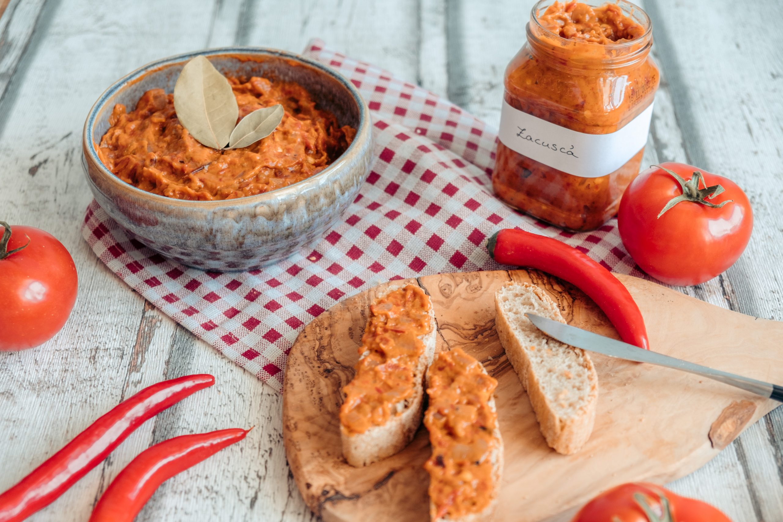 Traditional Romanian zacusca served on fresh bread