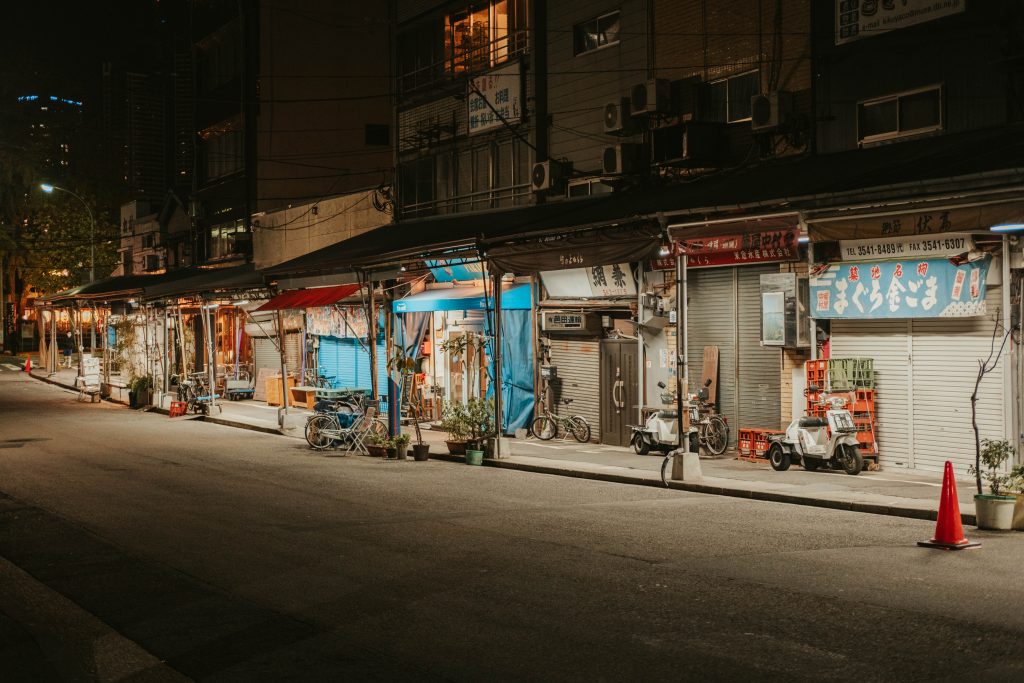 Tsukiji Market stalls at night when it's closed and quiet