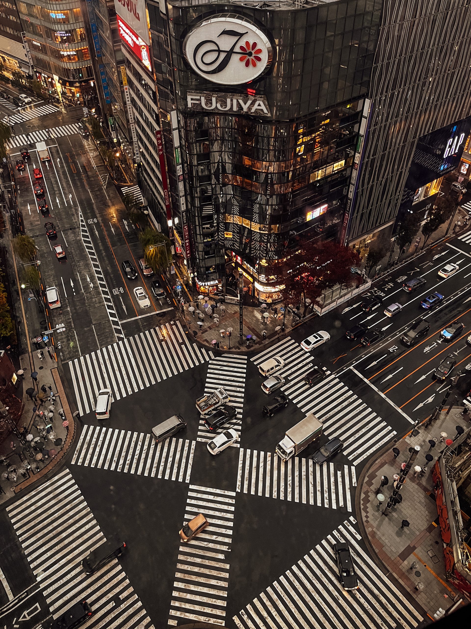 View from Kiriko rooftop garden over the main Ginza intersection