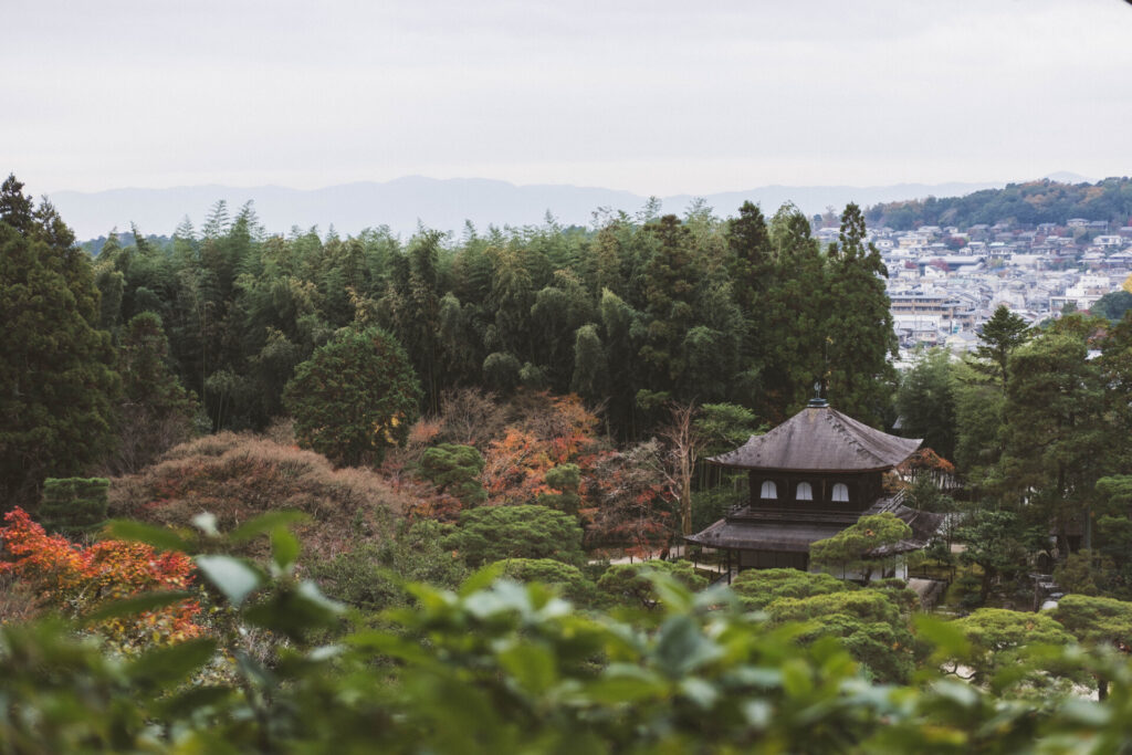 View of Jisho-ji also known as Ginkaku-ji or the Silver Pavilion from the top of the garden