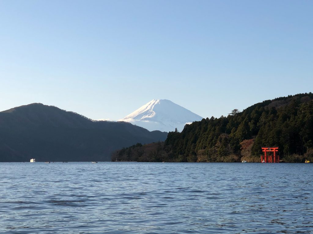 View of snowy Fuji from Ashi lake in Hakone