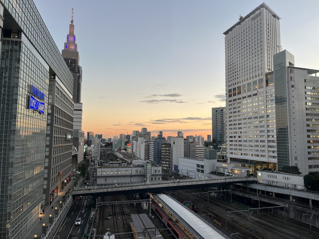 Bird's eye view of the Shinjuku Train Station from the Shinjuku Penguin Square