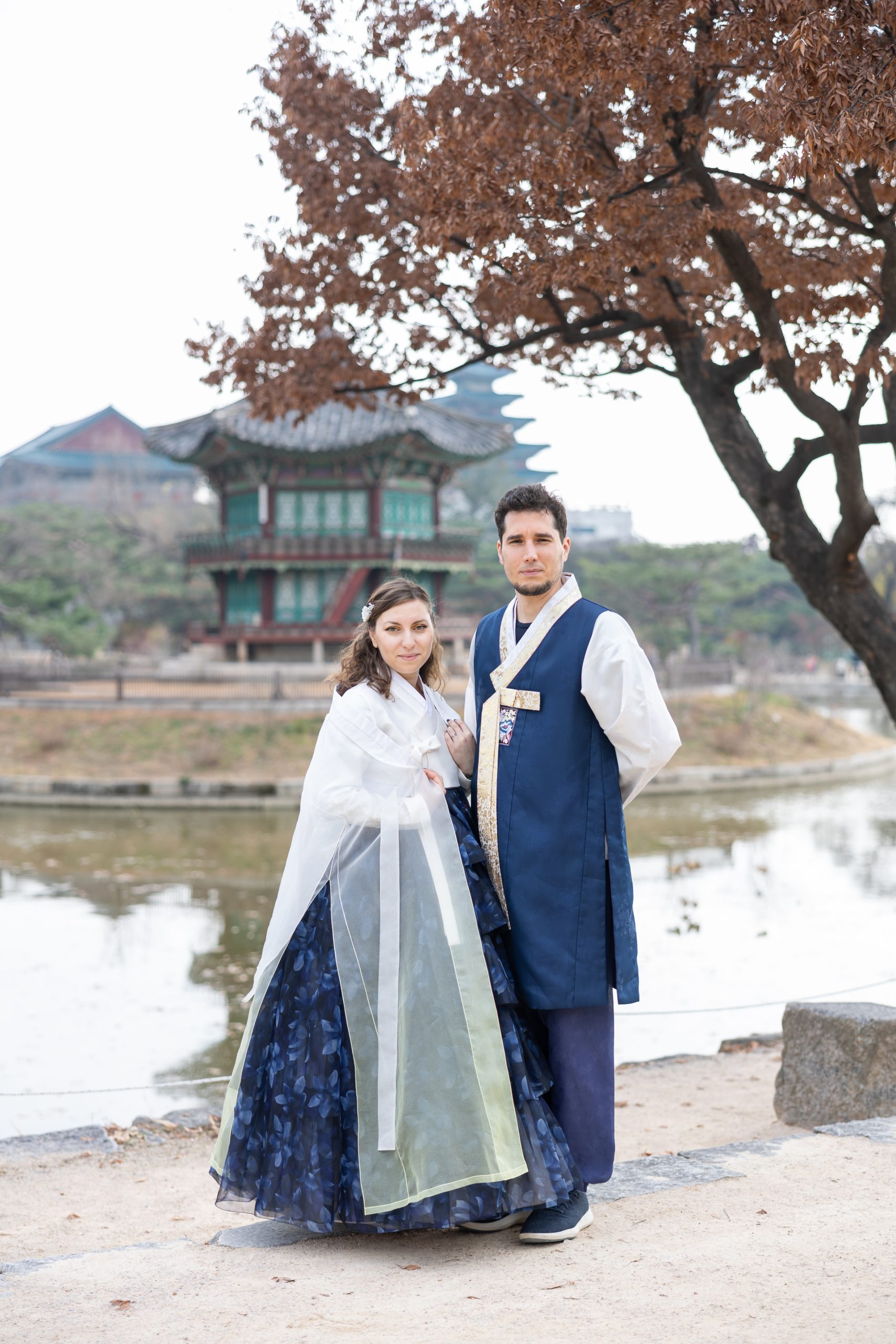 Wearing a traditional Korean dress called Hanbok in Seoul