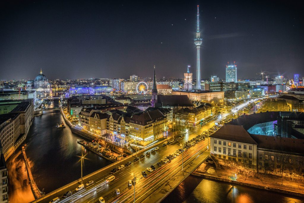 Where to stay in Berlin - an attractive view of the German capital at night from above