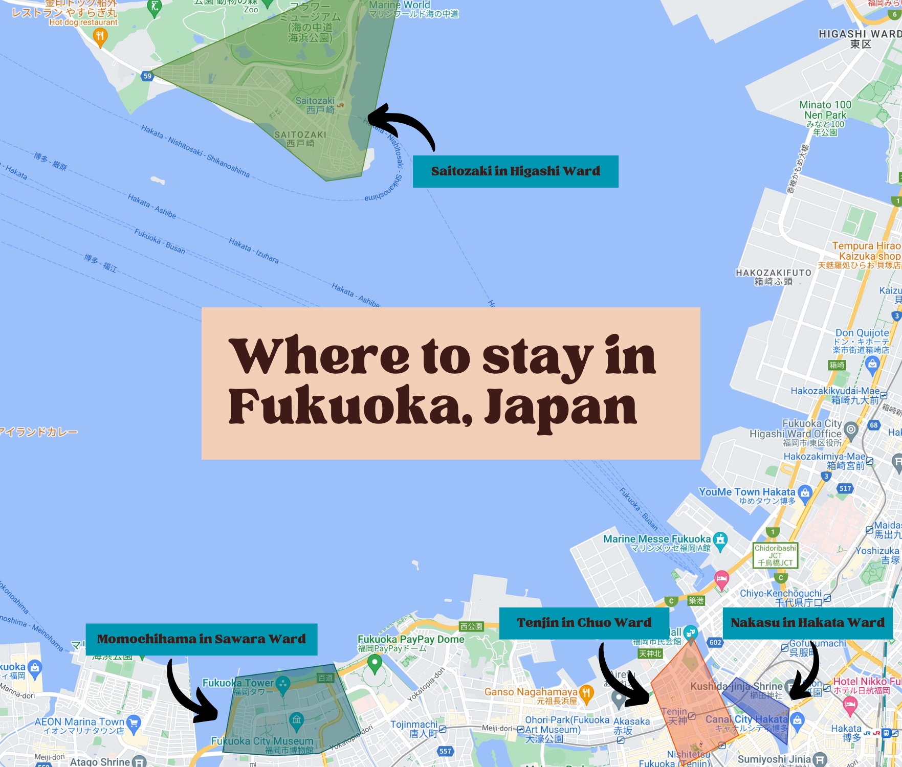 Where to stay in Fukuoka map Where to stay in Fukuoka map