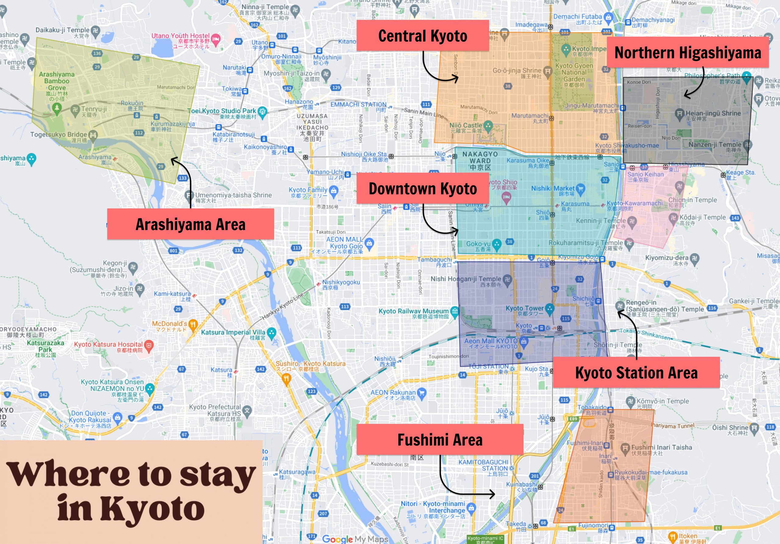 Where to stay in Kyoto - Best Areas Map