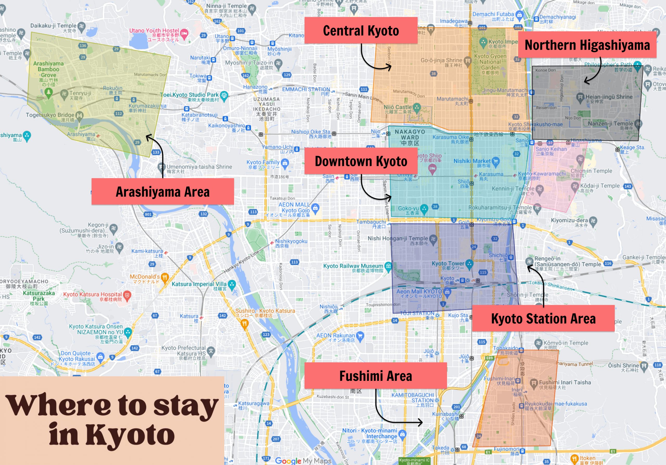 Where to stay in Kyoto - Best Areas Map Where to stay in Kyoto - Best Areas Map