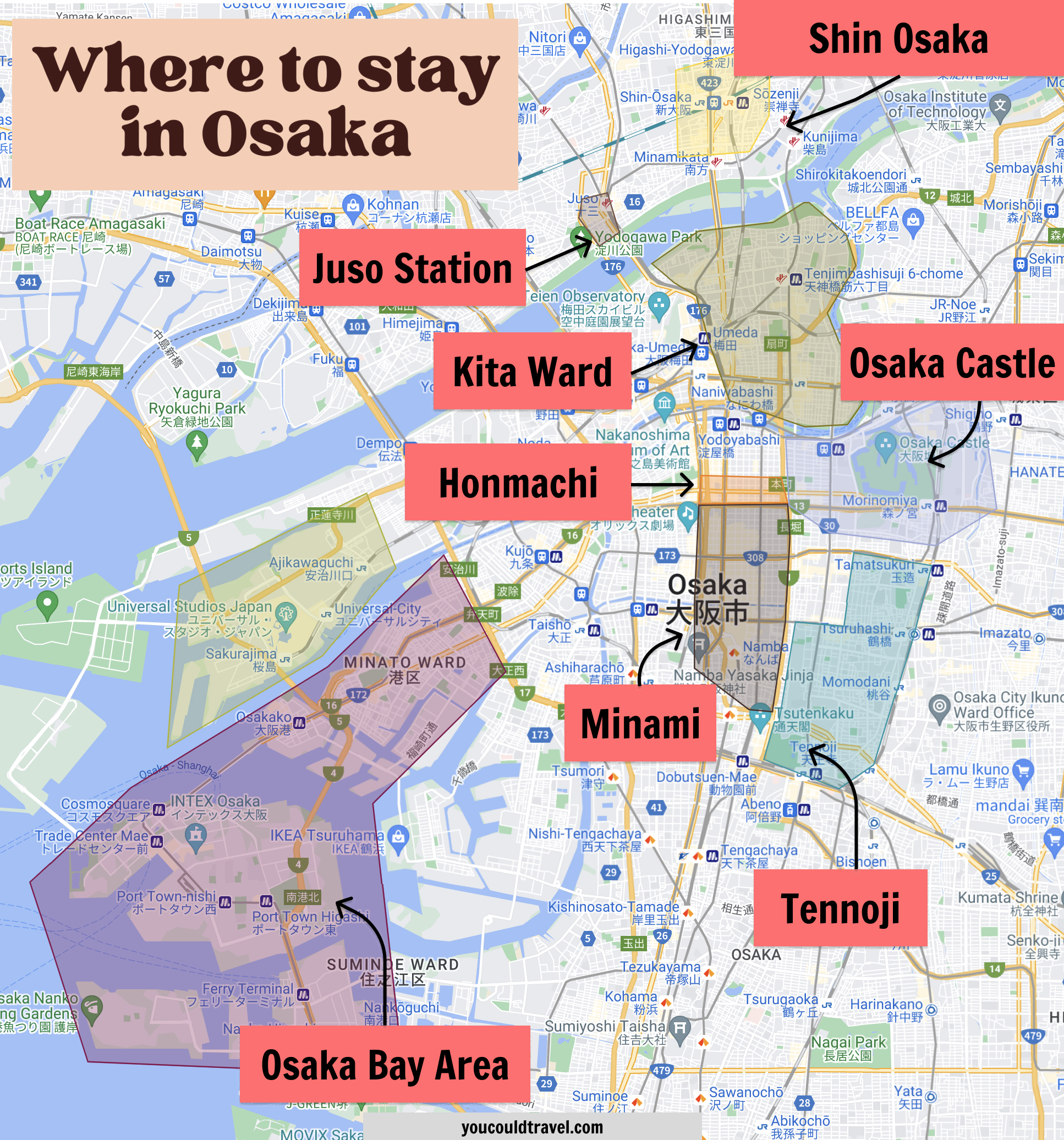 Where to stay in Osaka - Neighbourhood Guide Map Where to stay in Osaka - Neighbourhood Guide Map