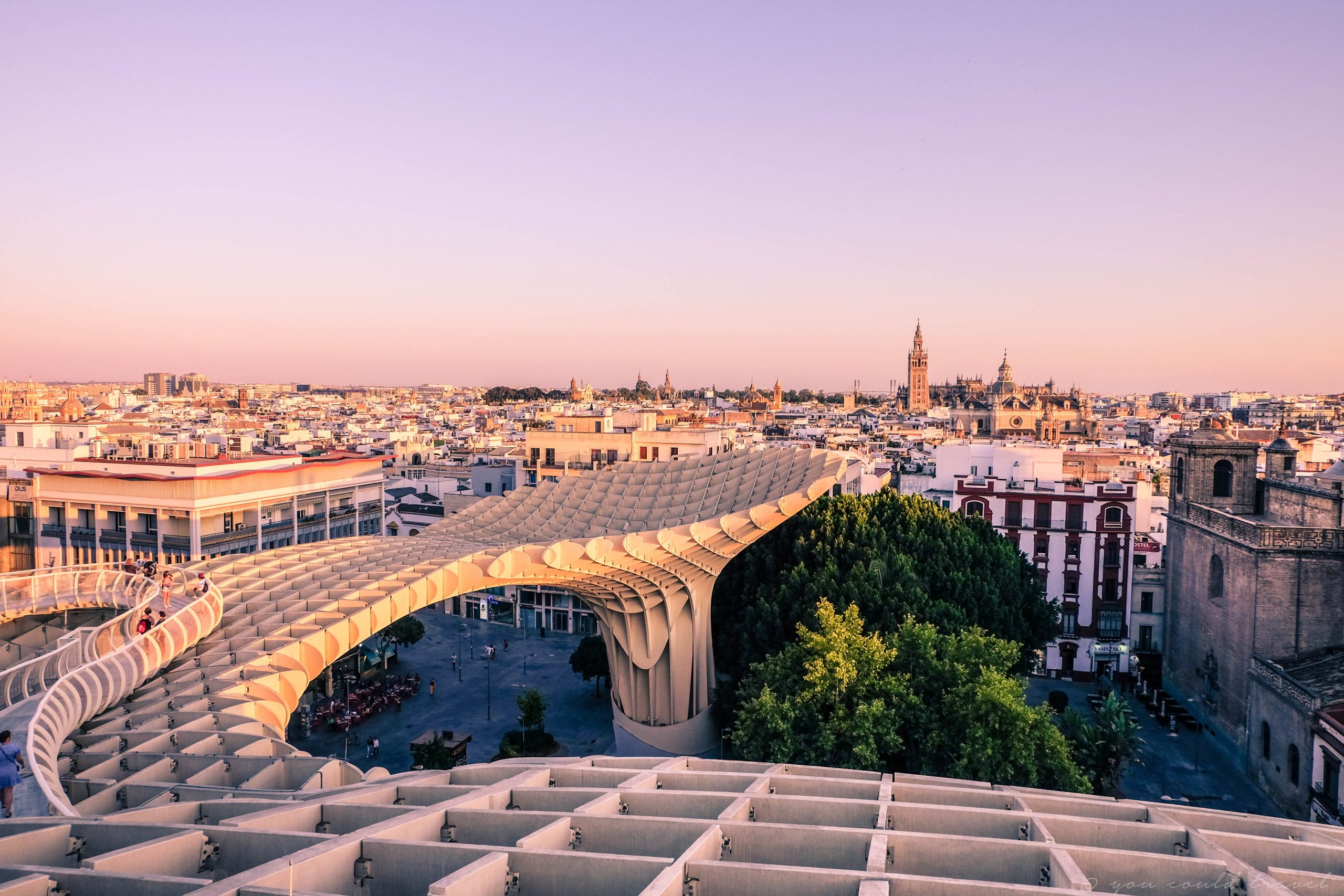 A beautiful vista of Seville as seen from one of its main tourist attractions called the Setas of Seville
