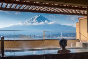 View of Mount Fuji from Japanese style onsen