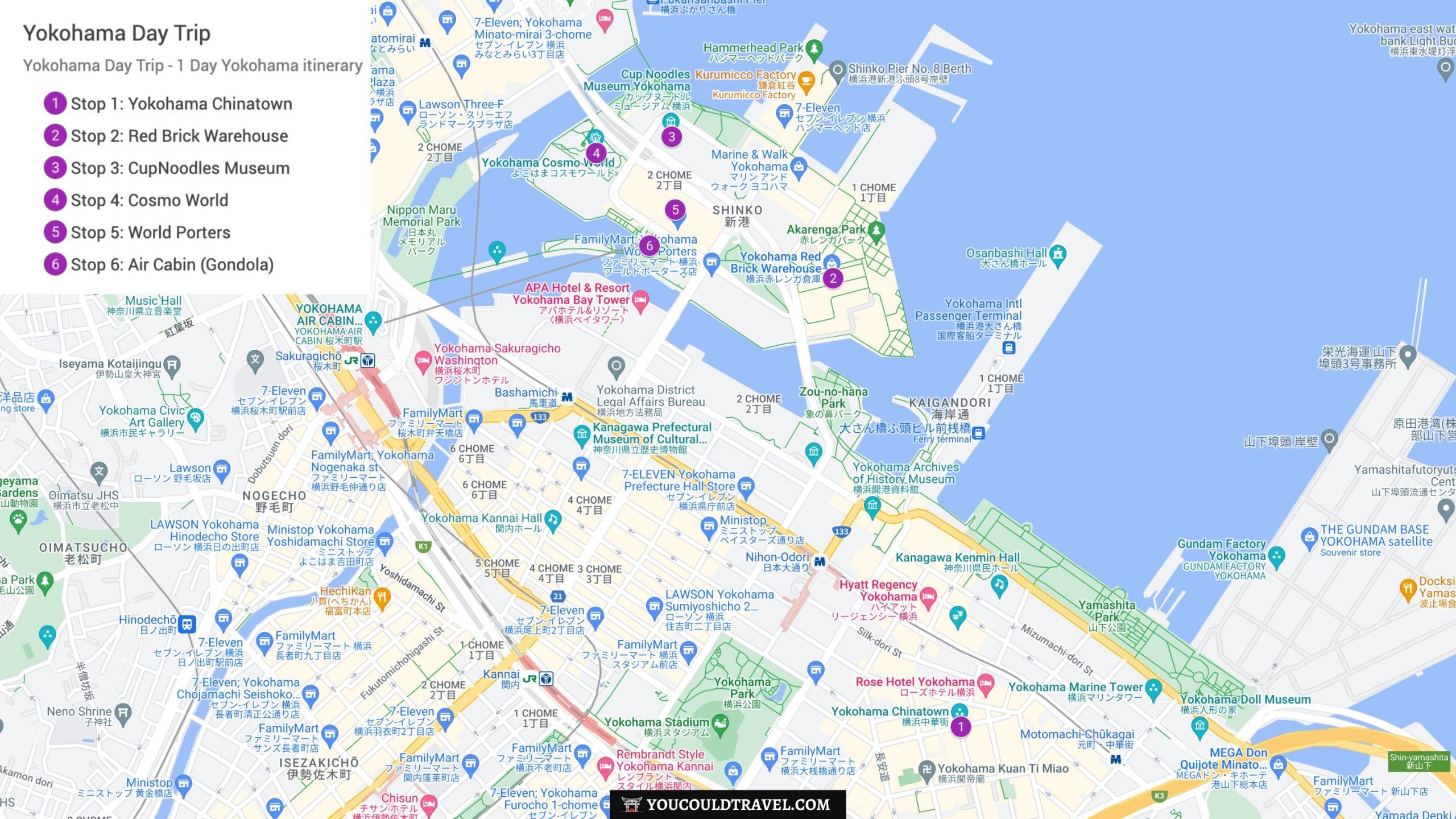 Yokohama Day trip itinerary map with all the stops