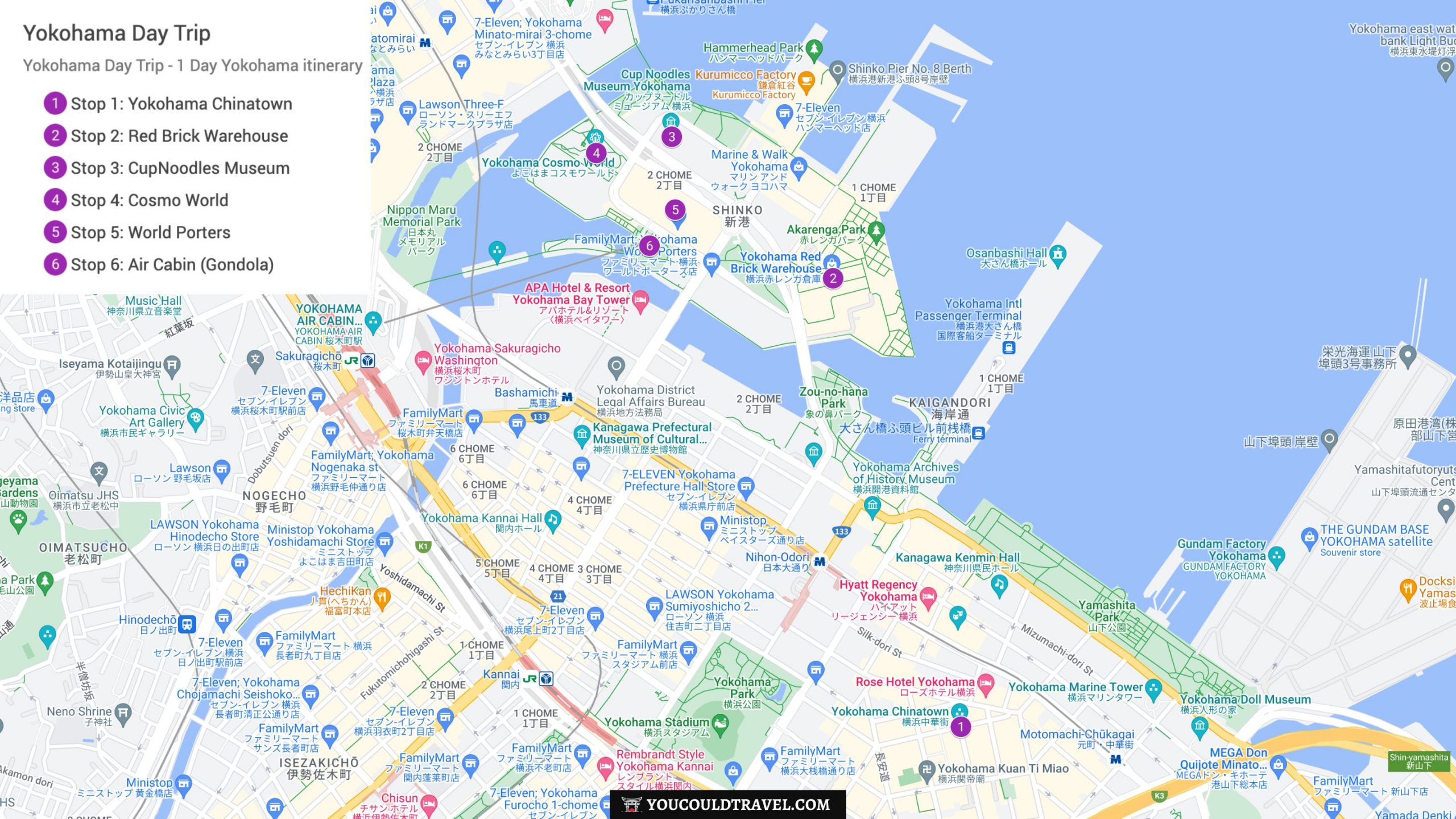 Yokohama Day trip itinerary map with all the stops Yokohama Day trip itinerary map with all the stops