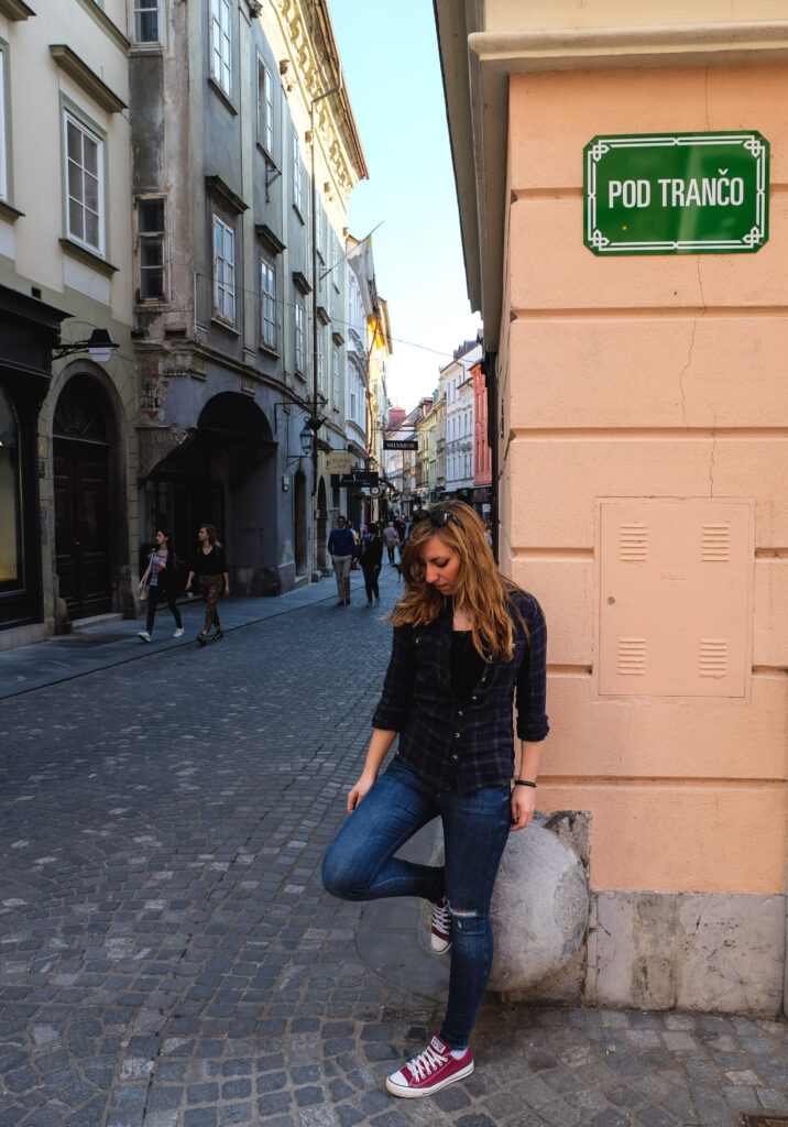 Cory in Ljubljana, at the corner of Prod Tranco